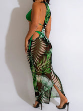 Maxikleid aus Netzstoff mit unregelmäßigem Print und Bikini-Set
